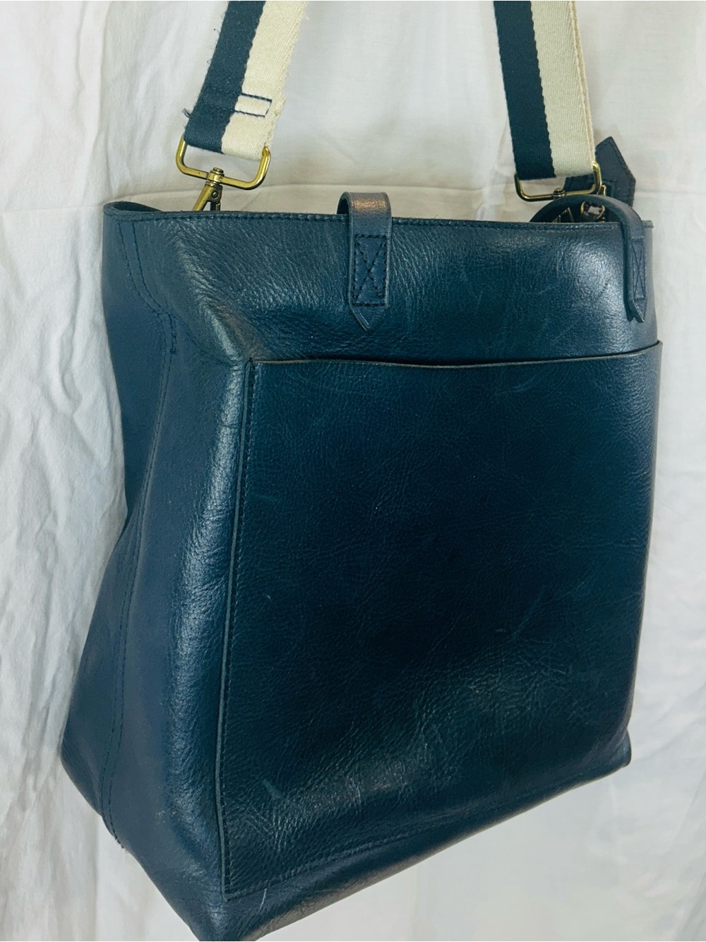 Madewell Deep Teal Leather Tote with Striped Canvas Strap - Picture 4 of 11